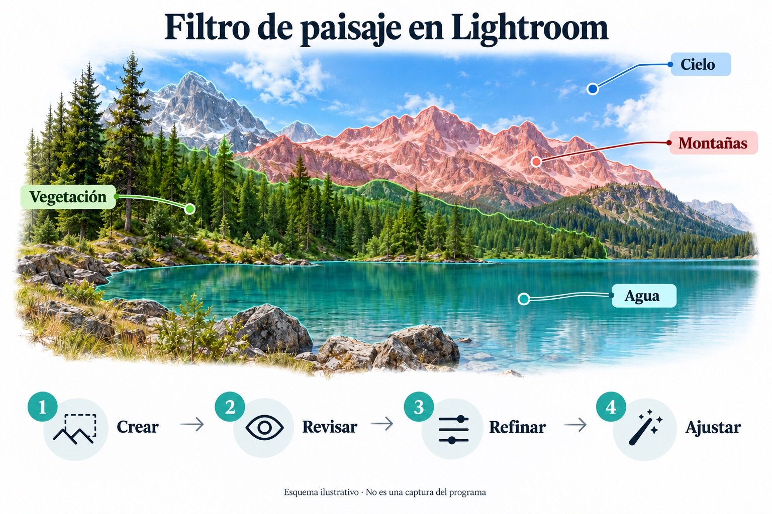Esquema ilustrativo del filtro de paisaje: cielo, montañas, vegetación y agua, con los pasos crear, revisar, refinar y ajustar