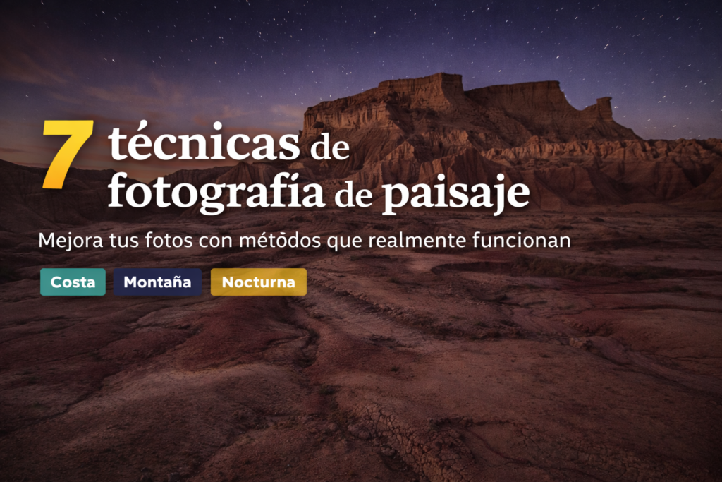 Fotógrafo aplicando técnicas de fotografía de paisaje en la costa con luz de amanecer y larga exposición