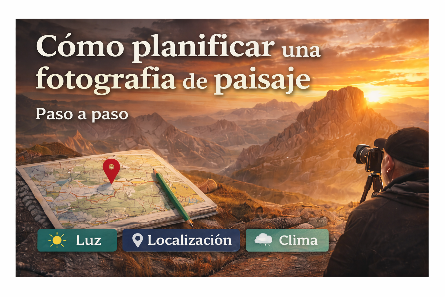 Fotógrafo planificando una fotografía de paisaje en la costa durante el amanecer con luz lateral y trípode