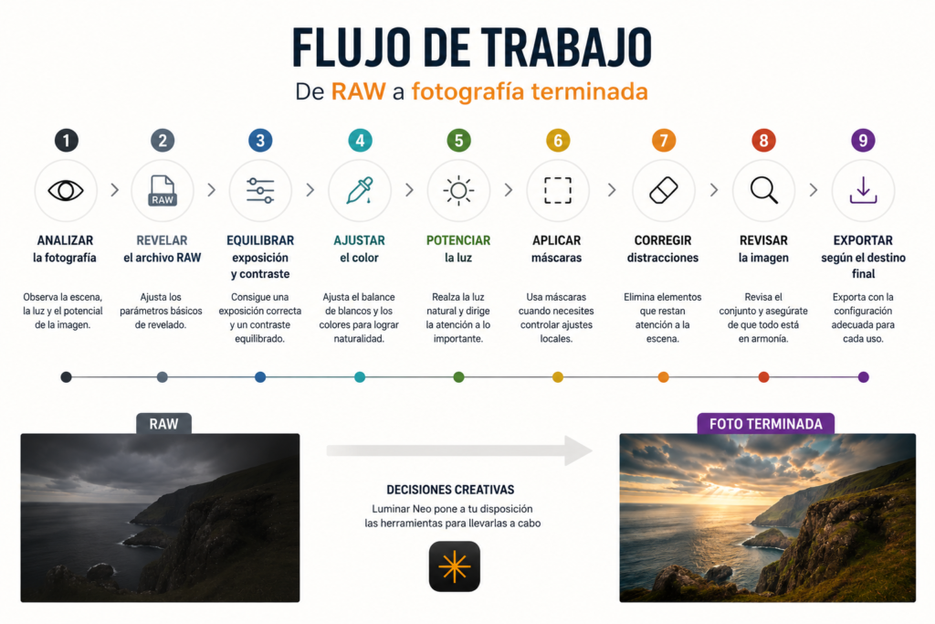Diagrama del flujo de trabajo de Luminar Neo para fotografía de paisaje desde el archivo RAW hasta la imagen final
