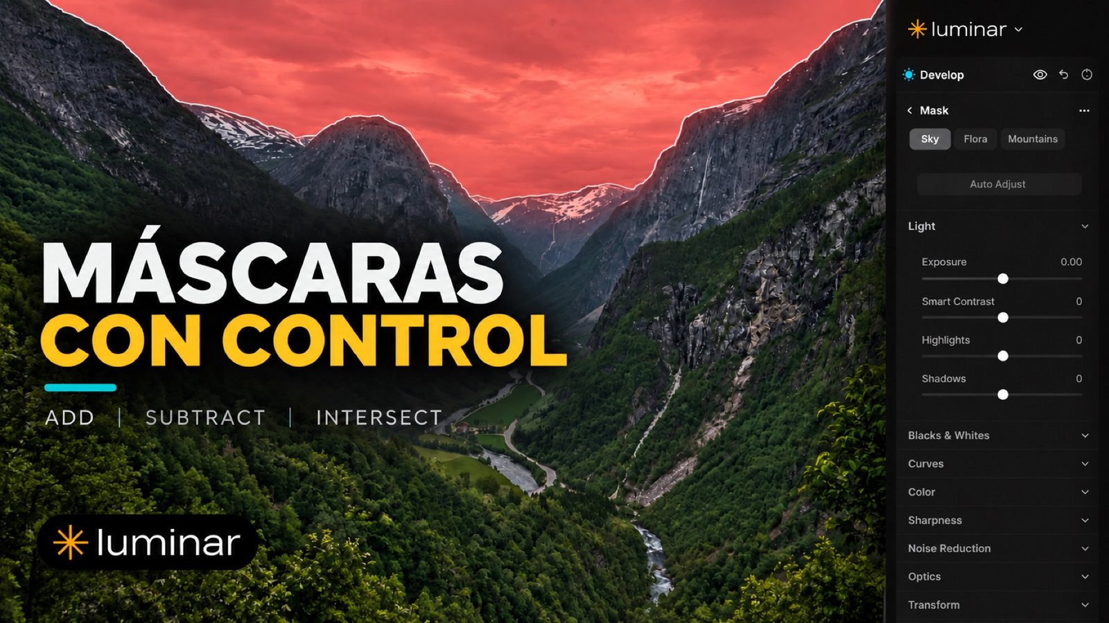 Anticipo de las máscaras de Luminar: paisaje de montaña con el cielo seleccionado y texto Máscaras con control, Add, Subtract e Intersect.